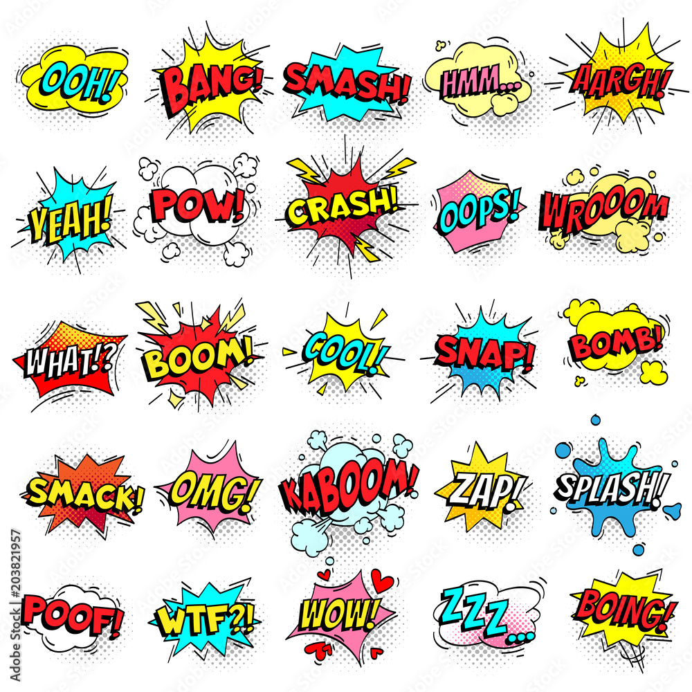 Fototapeta premium Exclamation texting comic signs on speech bubbles. Cartoon crash, pow, bomb, wham, oops and cool comic sign vector set