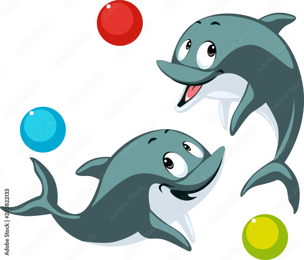 Naklejka premium ..dolphin playing with ball cartoon flat design vector illustration isolated on white..Dolphin playing with ball cartoon flat design vector illustration isolated on white