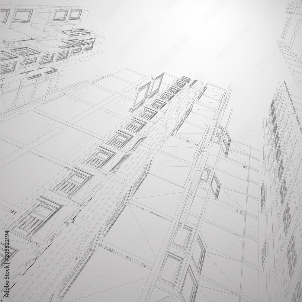 Modern architecture wireframe. Concept of urban wireframe. Wireframe building illustration of architecture CAD drawing. Modern architecture wireframe. Concept of urban wireframe. Wireframe building illustration of architecture CAD drawing.
