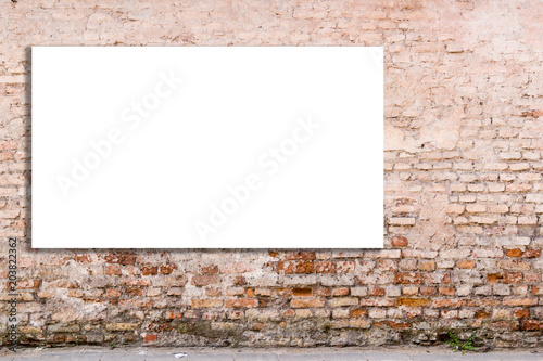 Mock up. Blank billboard, advertising, public information board on old red brick wall photo