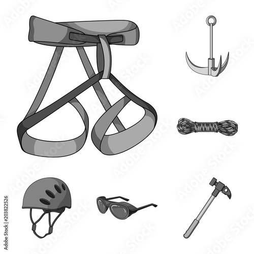 Mountaineering and climbing monochrome icons in set collection for design. Equipment and accessories vector symbol stock web illustration.