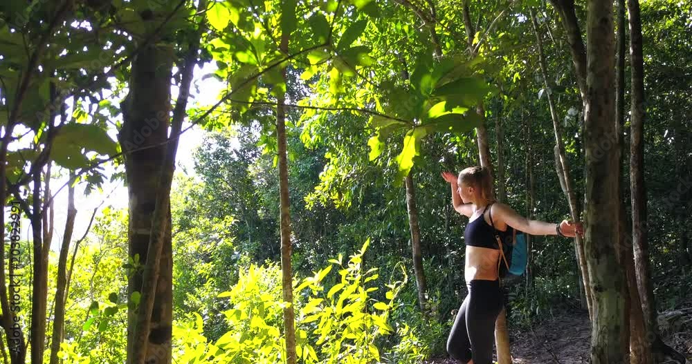 Cam folow to hiking woman trekking in young forest. Rear back view of young female hiker walking on trek with backpack through forest nature on Phangan island, Thailand.Active lifestyle Cam folow to hiking woman trekking in young forest. Rear back view of young female hiker walking on trek with backpack through forest nature on Phangan island, Thailand.Active lifestyle