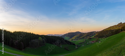 Germany, Large panorama of nature sunset landscape in black forest valley