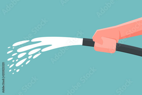 Hand holding spray water hose. Vector illustration