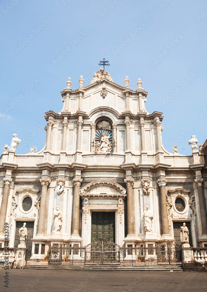 Piazza del Duomo and Cathedral of Santa Agatha in Catania, Italy.