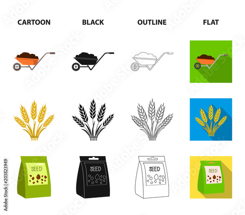 Spikelets of wheat, a packet of seeds, a tractor, gloves.Farm set collection icons in cartoon,black,outline,flat style vector symbol stock illustration web.