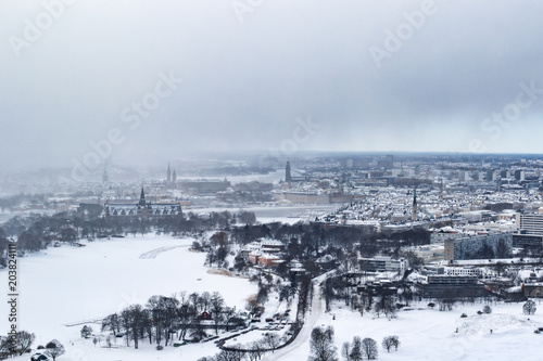 View of Stockholm from Kaknäs tower on cold winter day