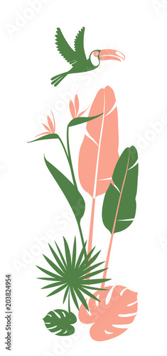 Tropical flowers, jungle palm leaves, paradise tropical humming birds and toucans. Vector floral pattern background Frame border, exotic print. Flat style Boho design: pink, white, green
