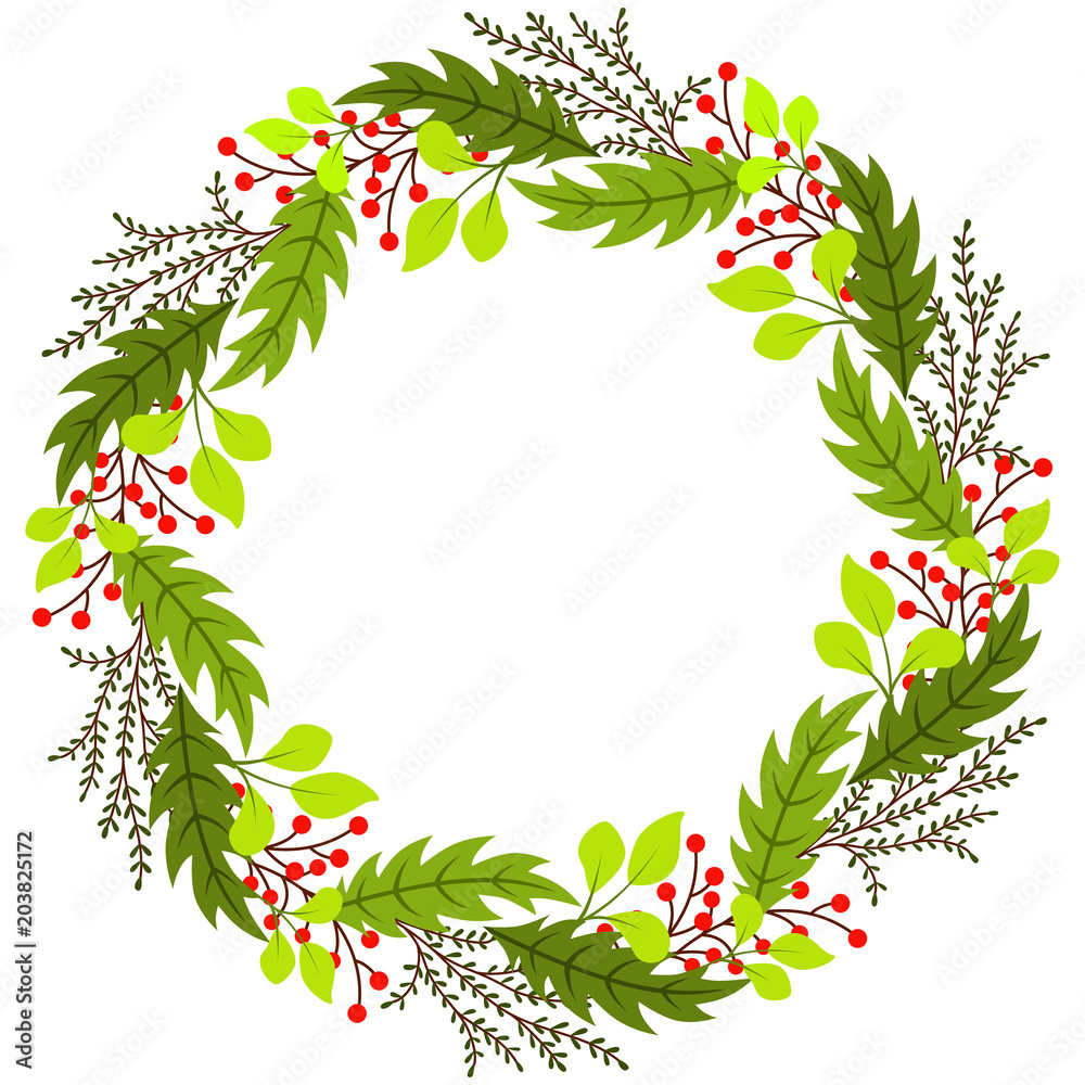 Fototapeta premium Cute Summer Decorative Wreath with Oak Leaves and red berries