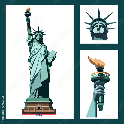 Statue of Liberty USA. ART. New York landmark. The bronze sculpture. Set three illustrations. postcard and flyer,Green logo on a white background.American symbol.Best sets, templates.logo, icon,EPS 10