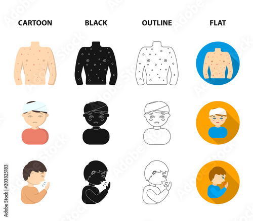 A man with a bandaged head, a man coughing, a man snorts a snot, a bowl, a bowl of hot broth into a handkerchief. Sick set collection icons in cartoon,black,outline,flat style vector symbol stock