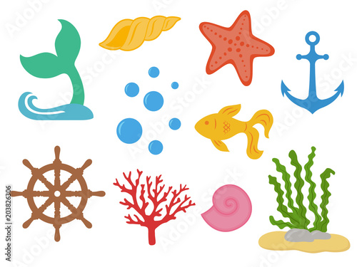 Underwater. Under the sea - mermaid tail, starfish, seashells, gold fish, coral, seaweed, handwheel, anchor, bubbles. Sea life. Marine animals. Vector illustration isolated on white background.