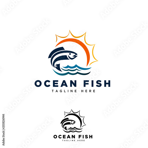 Ocean fish fly with sun logo
