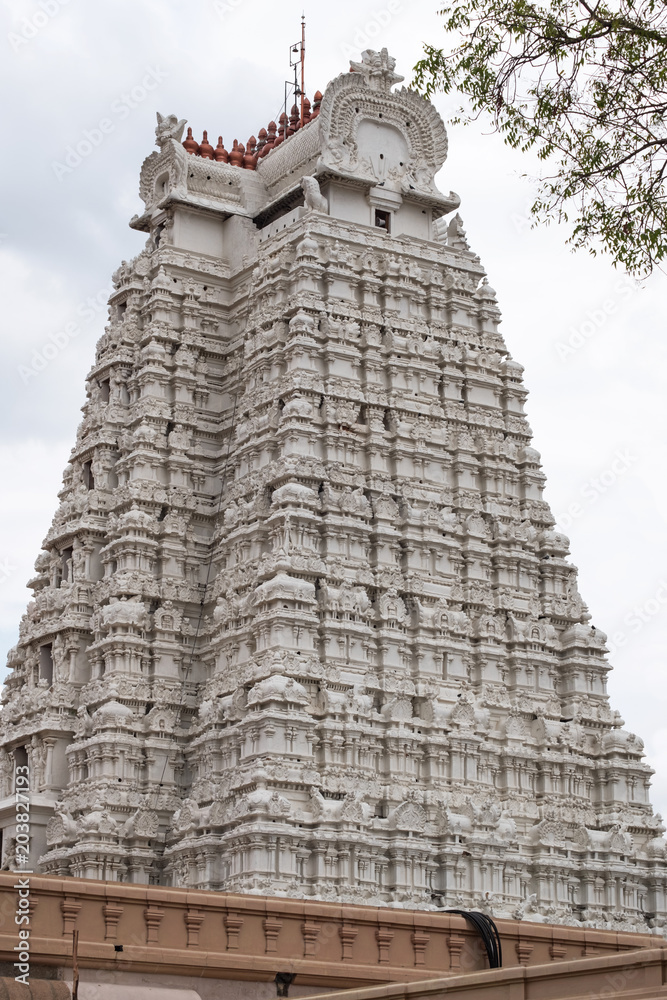The white Gopuram, or gateway, known as the Vellai gopuram symbolising purity, in the Sri Ranganatha Swamy complex at Trichy in Tamil Nadu. All of the other towers are brightly painted