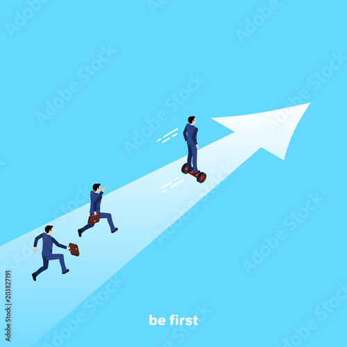 a man in a business suit rides on a gyroboard ahead of his competitors, an isometric image