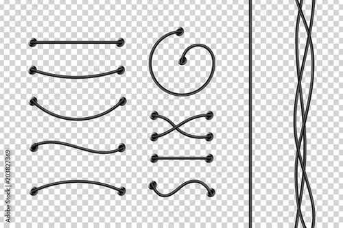 Vector set of realistic isolated electrical wires for decoration and covering on the transparent background. Concept of flexible network cables, electronics and connection.