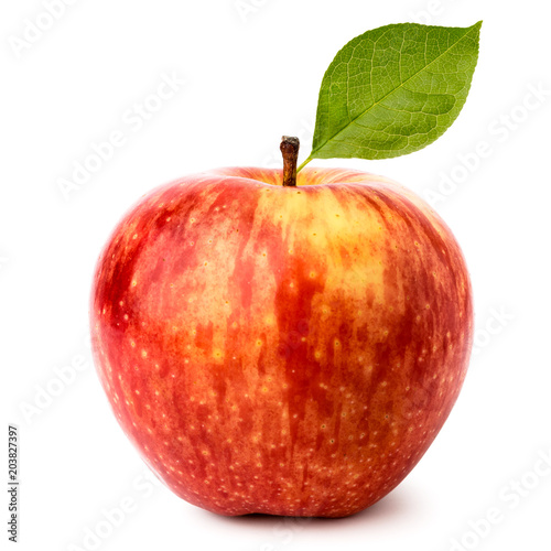 Red Apple with leaf on a white, isolated.