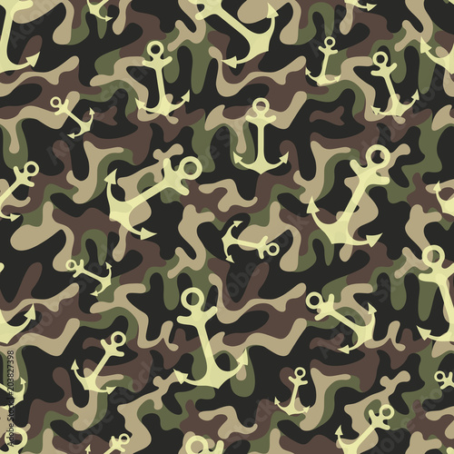 Simple graphical seamless green pattern of marine themes. Anchor on camouflage military background, wrapping paper texture for design. Oceanic vector wallpaper repeating