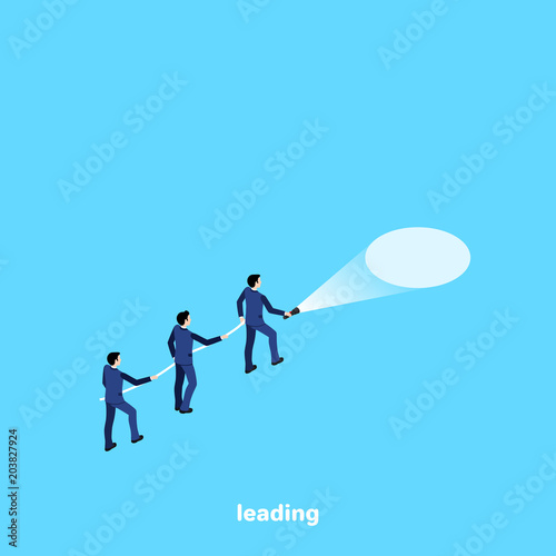 a man in a business suit with a flashlight leading his colleagues, an isometric image