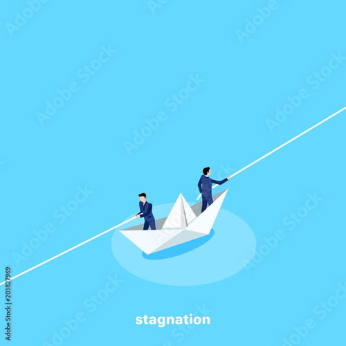 Foto men in business suits on a paper boat pull ropes in different directions, an iso
