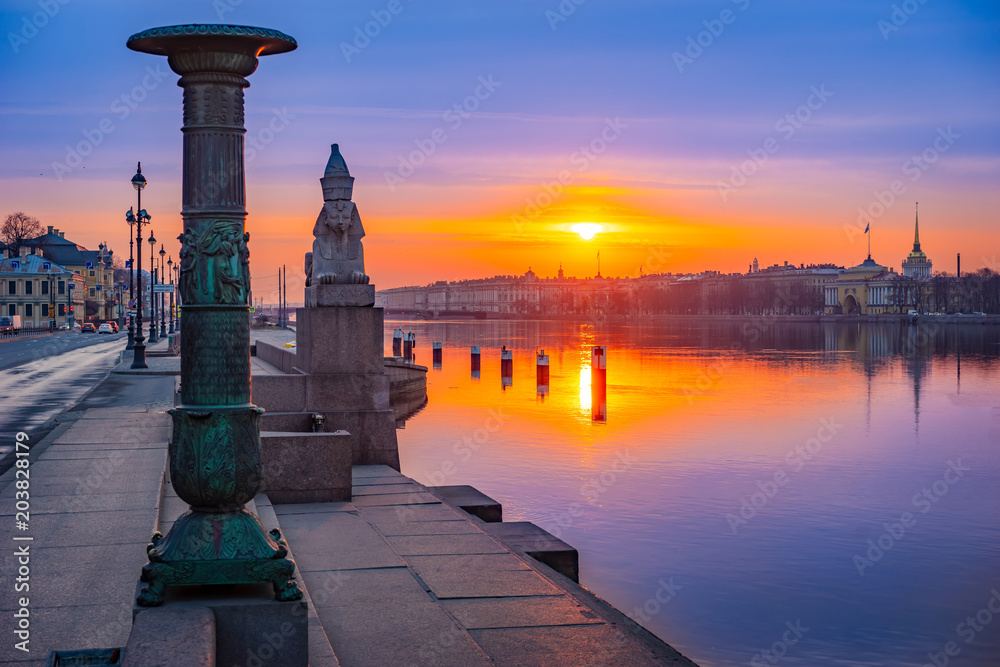 St. Petersburg. View of Peter. Russian Federation. Cities of Russia. Sunrise over St. Petersburg. Neva River. Sphinx on the embankment of Petersburg.