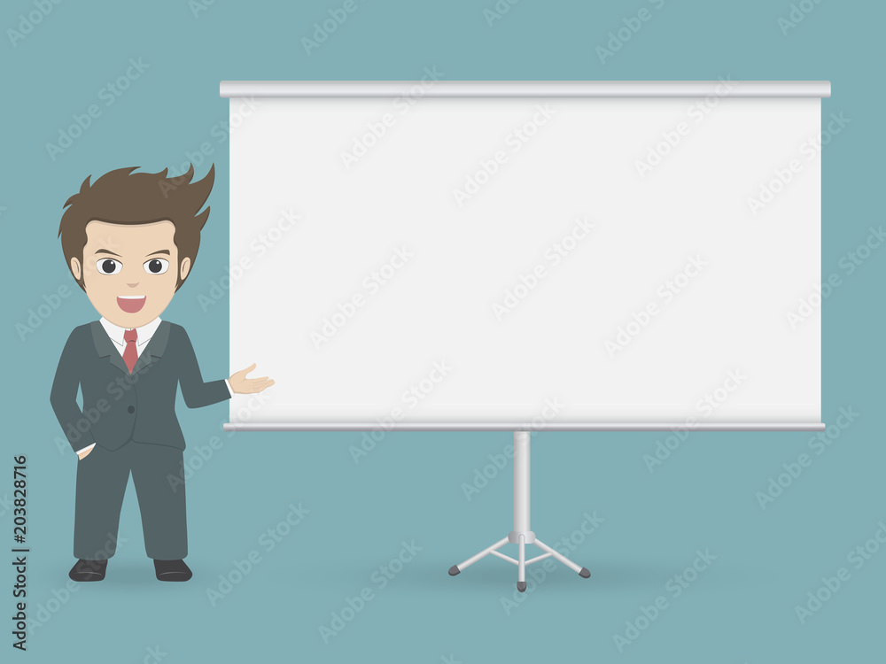 Cartoon character businessman presenting with whiteboard.Vector illustration for presentation concept. Cartoon character businessman presenting with whiteboard.Vector illustration for presentation concept.