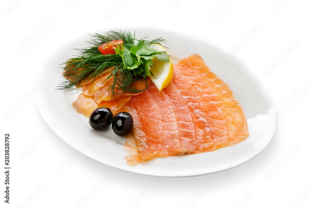 Smoked salmon pieces isolated on white background Smoked salmon pieces isolated on white background