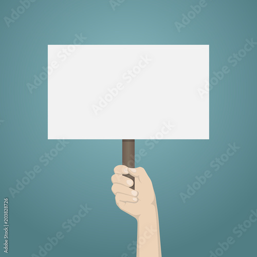 Hand holding blank banner mock up on wood stick.Vector illustration empty white board plank holder in hands.