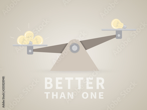 Many ideas are better than one on scale.Accurate measurement with balance showing ratio two to one.Vector illustration of harmonious or teamwork concept.