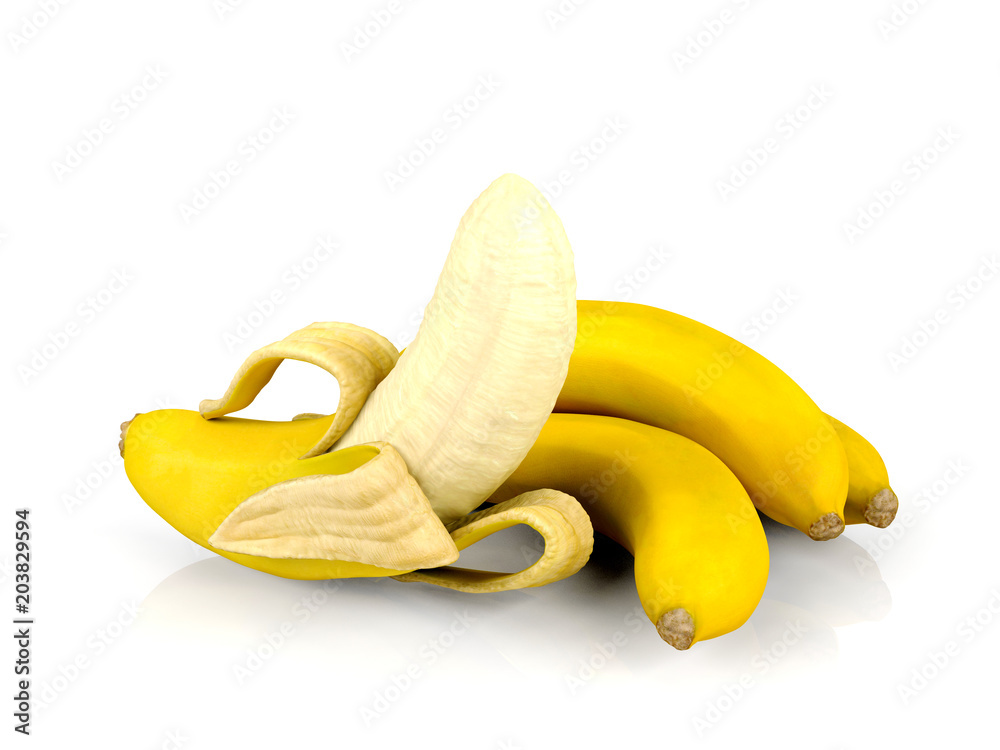 Peeled banana and bunch of bananas on white background, 3D rendering Peeled banana and bunch of bananas on white background, 3D rendering
