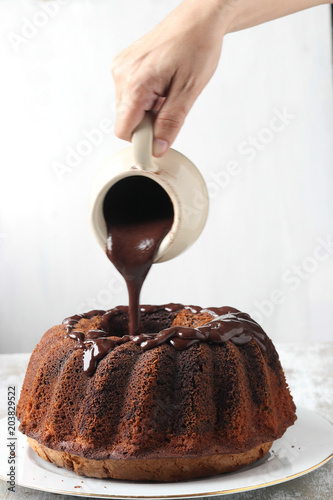Homemade pound cake with chocolate sauce