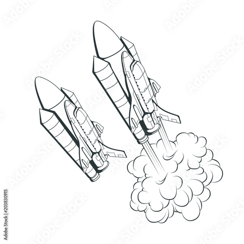 Space shuttle. Hand drawn spaceship. Space travel through the Galaxy. Vector graphics to design.
