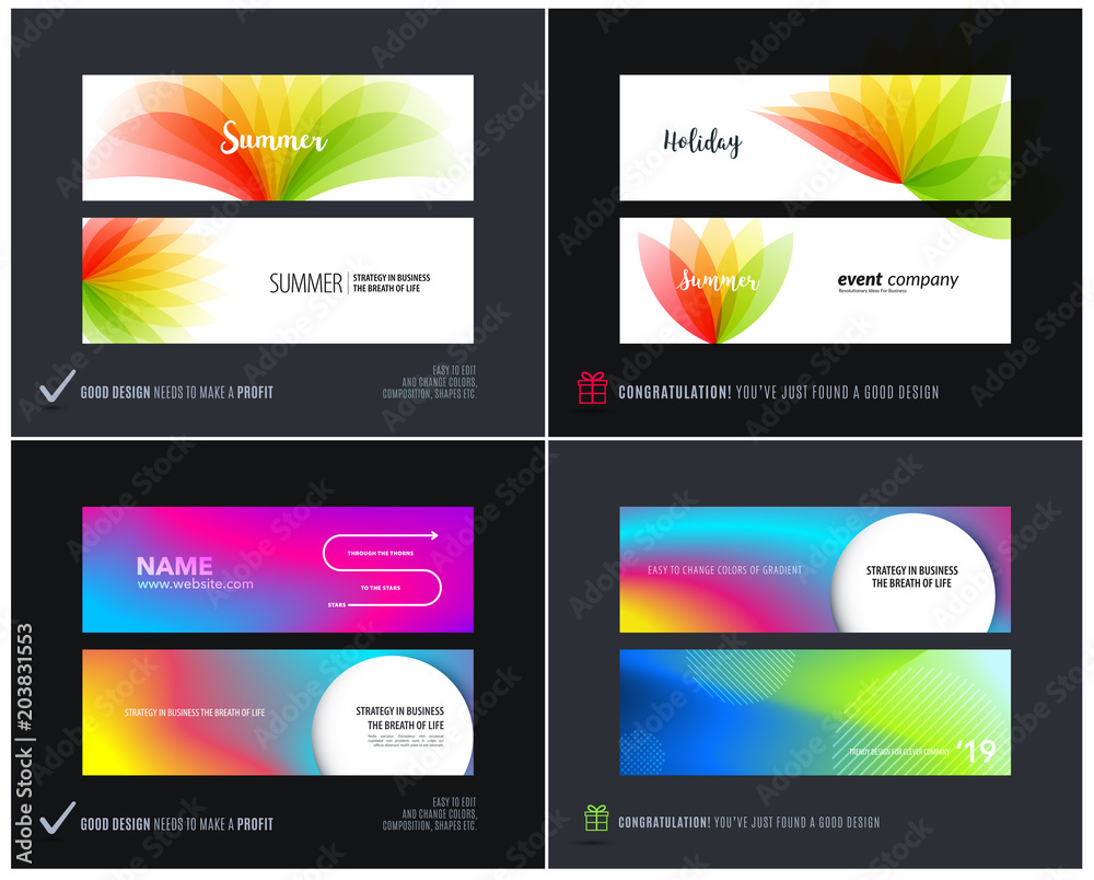 Abstract vector set of horizontal website banners with colourful flowers abstract shapes for web design.