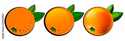 Three steps of one vector illustration with orange. Several identical fruits with different elaborations