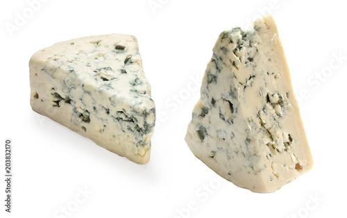 French cheese with blue mold isolated on white background. Two separate slices of cheese