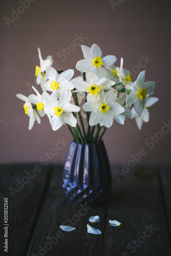 Fototapeta Naklejka Na Ścianę i Meble -  Narcissus in vase on an old background