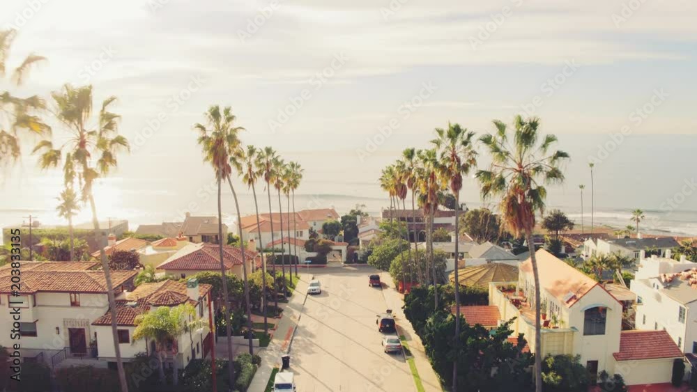Aerial view of California beach city and palm trees at sunset