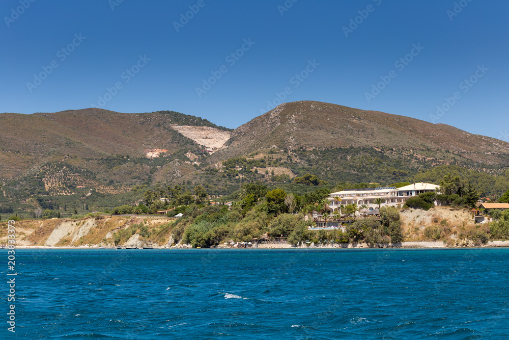 Zakynthos mountain landscape with hotel near blue sea
