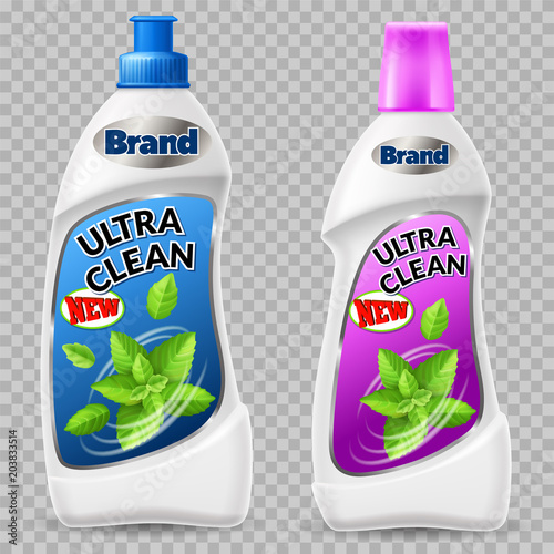 Blank plastic bottle for laundry detergent, washing cosmetics and kitchen detergent. Isolated 3d realistic vector illustration.