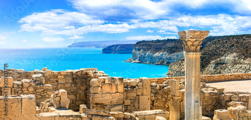Ancient temples and turquoise sea of Cyprus island photo