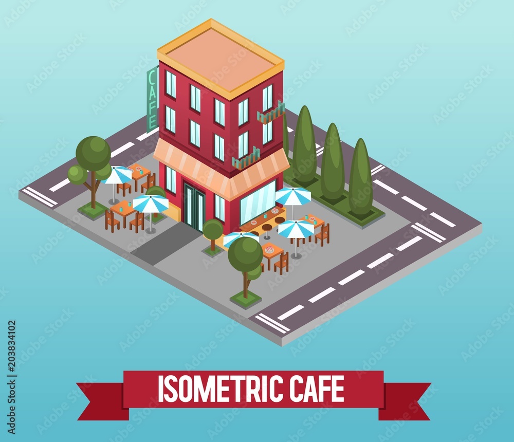 Vector low poly isometric 3d restaurant or cafe. Vector isometric icon or infographic element representing a building with terrace and umbrella. Detailed street with rest area and trees. 