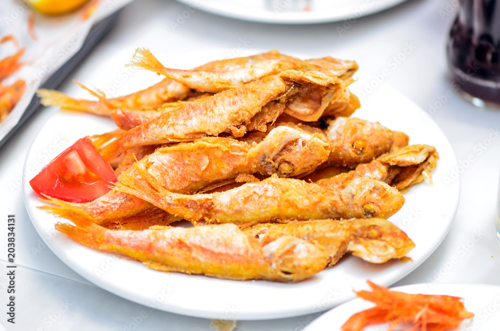 Close up fried red mullus barbatus fish Close up fried red mullus barbatus fish