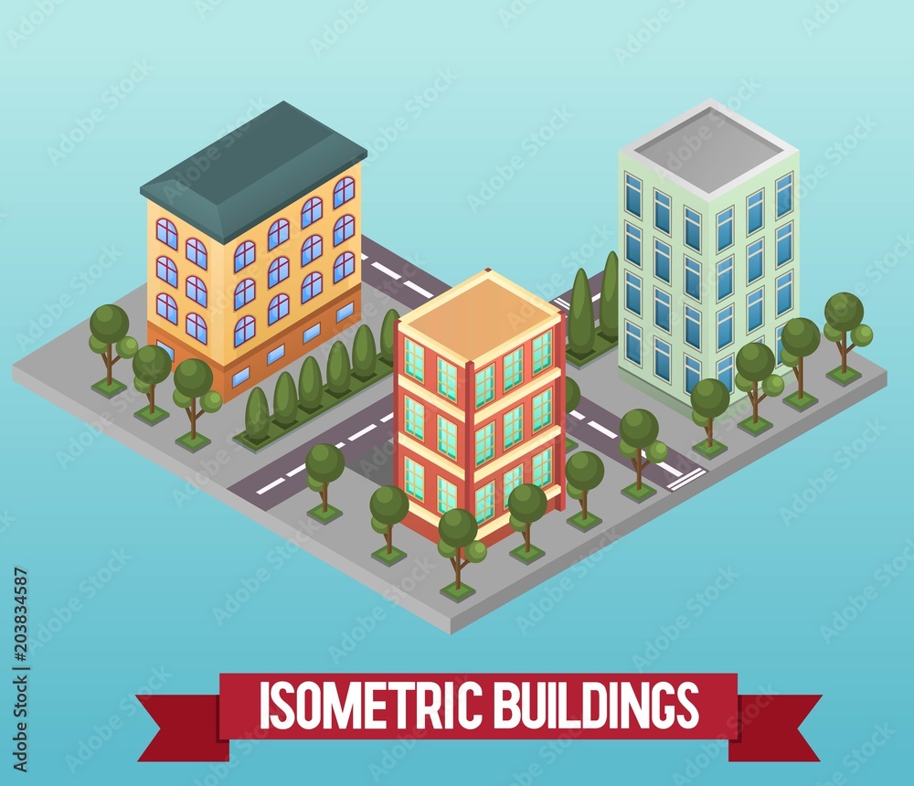 Vector low poly isometric building. Vector isometric icon or infographic element representing private houses or offices. Detailed street with trees and houses. Vector illustration