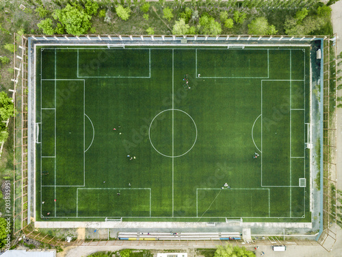 aerial view of football field in the forest stadium