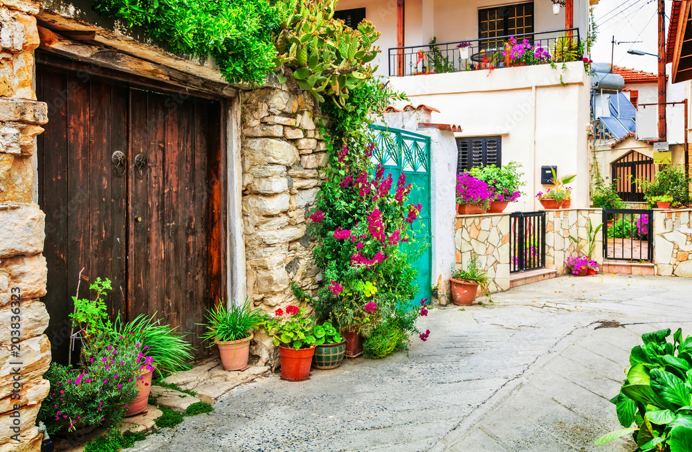 Beautiful floral streets of traditioanl villages of Cyprus island