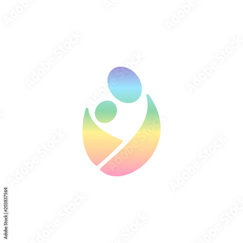 Vector logo wearing baby in sling. Rainbow logotype man hugging child. Sling, parenthood and breastfeeding logotype