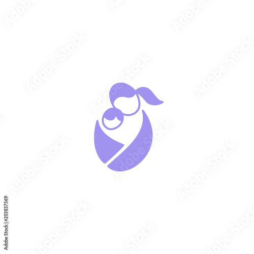Vector logo mother with baby in sling. Sling, motherhood and breastfeeding logotype. Wearing baby in sling