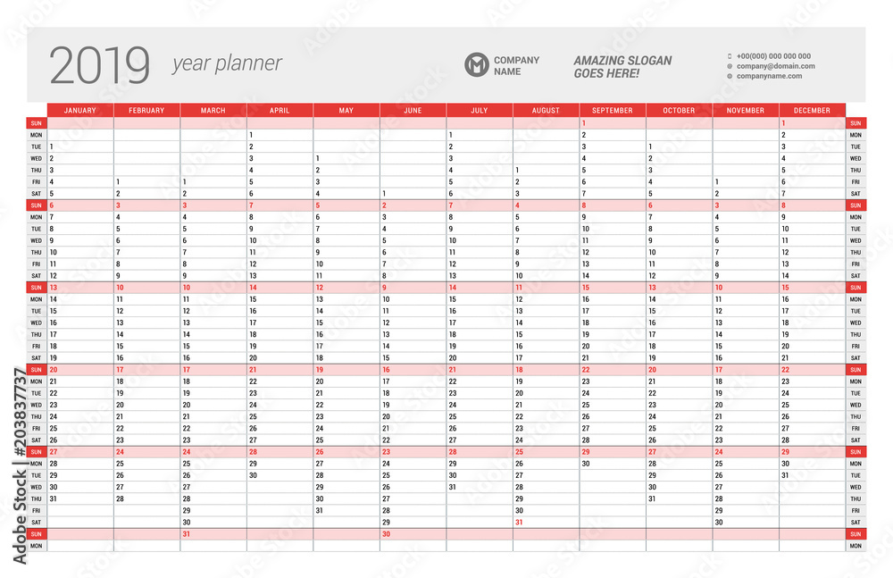 Yearly Wall Calendar Planner Template for 2019 Year. Vector Design Print Template. Week Starts Sunday Yearly Wall Calendar Planner Template for 2019 Year. Vector Design Print Template. Week Starts Sunday