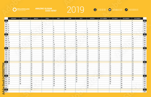 Yearly Wall Calendar Planner Template for 2019 Year. Vector Design Print Template. Week Starts Sunday