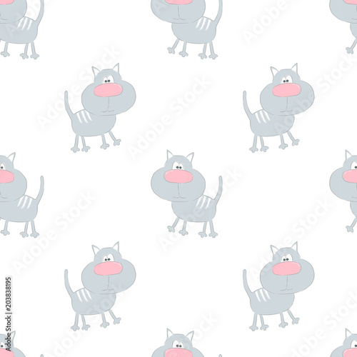 Seamless pattern with cute cartoon cat. Vector illustration.